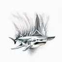 great white shark in foreground with a shipwreck in the background  tattoo design idea