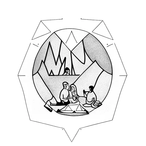 A minimalist tattoo of a group of friends sitting around a bonfire, representing the joy of hanging out with friends tattoo design idea