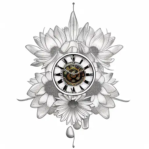 a realism tattoo of a grandfather clock, surrounded by wildflowers and a lotus at the top tattoo design idea
