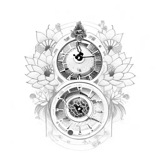  Grandfather Clock, Surrounded By Wildflowers And A Lotus At The Top tattoo design idea