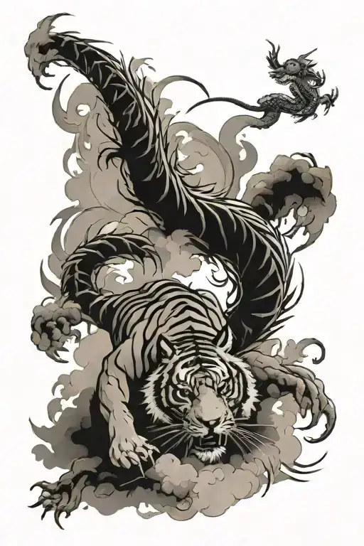 Tiger on the ground while a chinese dragon is flying in the sky tattoo design idea