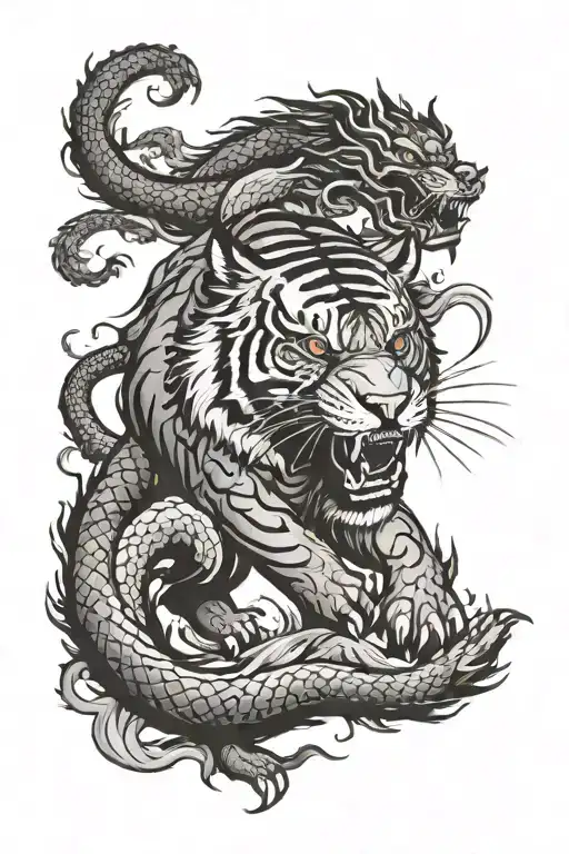 Tiger in battle with a chinese dragon flying tattoo design idea