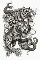 Tiger in battle with a chinese dragon flying tattoo design idea