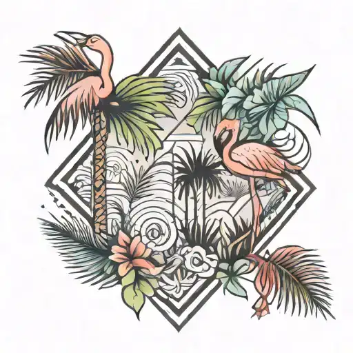 small tattoo with a palm tree with geometric design and a flamingo with leaves and a small parrot  tattoo design idea