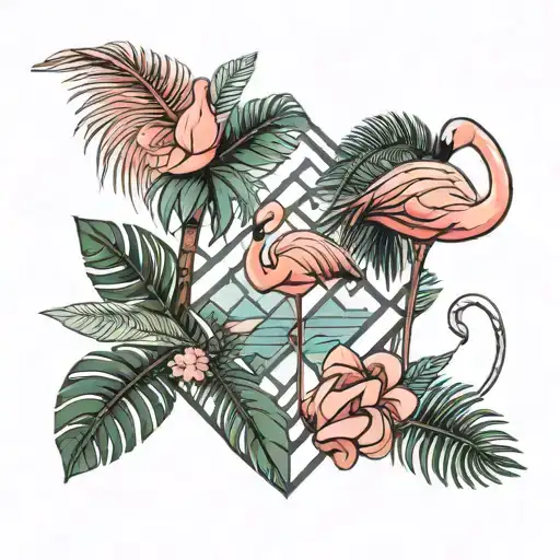 small tattoo with a palm tree with geometric design and a flamingo with leaves tattoo design idea