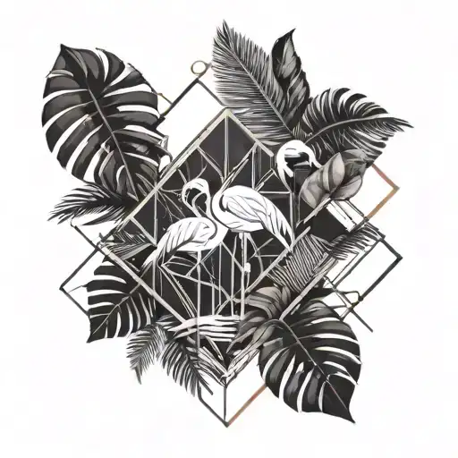 small tattoo with a palm tree with geometric lines in a losange with and a flamingo with leaves  tattoo design idea