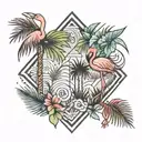 small tattoo with a palm tree with geometric design and a flamingo with leaves and a small parrot  tattoo design idea