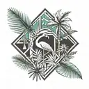 small tattoo with a palm tree with geometric design and a flamingo with leaves and a small parrot  tattoo design idea