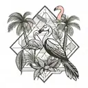 small tattoo with a palm tree with geometric design and a flamingo with leaves and a small parrot  tattoo design idea