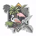 small tattoo with a palm tree with geometric design and a flamingo with leaves and a small parrot  tattoo design idea