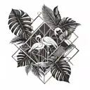 small tattoo with a palm tree with geometric lines in a losange with and a flamingo with leaves  tattoo design idea