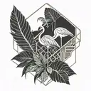 small tattoo with a palm tree with geometric lines in a losange with and a flamingo with leaves  tattoo design idea