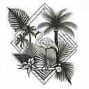 small tattoo with a palm tree with geometric lines in a losange with and a flamingo with leaves  tattoo design idea