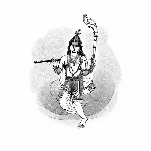 A stylized blackwork tattoo of Lord Krishna playing a flute with music notes swirling around him tattoo design idea