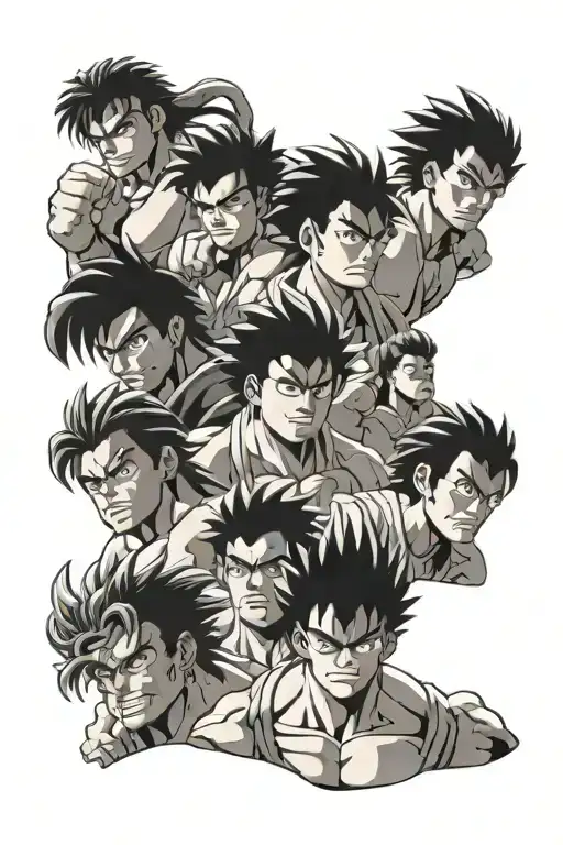 Dio Brando, Ippo, Baki, Kenshiro, luffy, Vegeta and kaneda anime characters, in a collage. tattoo design idea