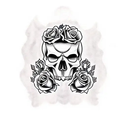 Skull with roses dagger in eye tattoo design idea