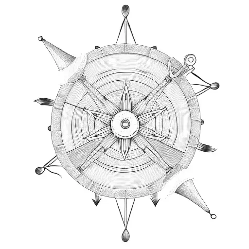 wooden steering wheel with sail boat in middle tattoo design idea