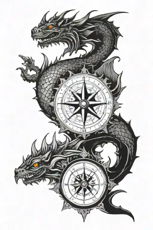 A gear set with a compass, dragon and mermaid sitting tattoo design idea