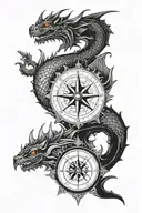 A gear set with a compass, dragon and mermaid sitting tattoo design idea