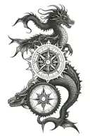 A gear set with a compass, dragon and mermaid sitting tattoo design idea