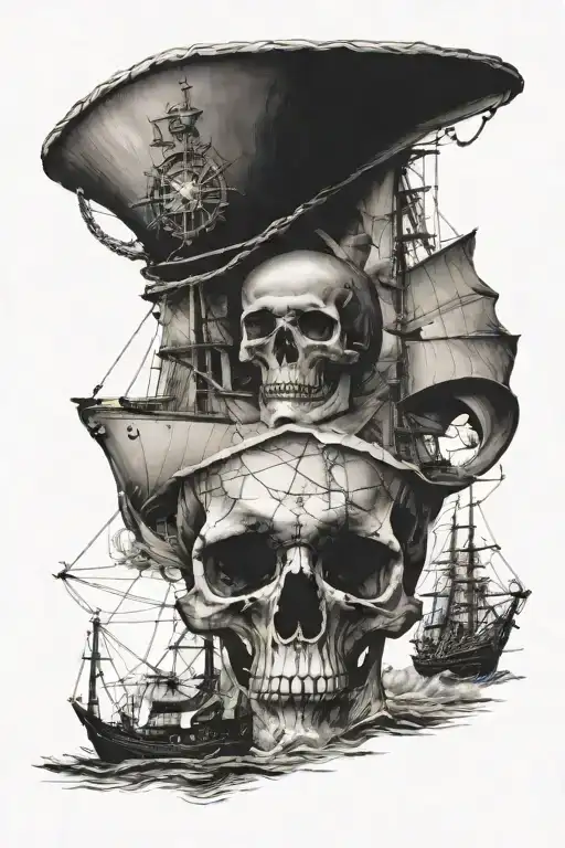 skull head fading into a map with a ship sailing tattoo design idea