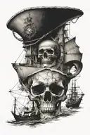 skull head fading into a map with a ship sailing tattoo design idea