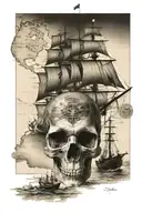 skull head fading into a map with a ship sailing tattoo design idea