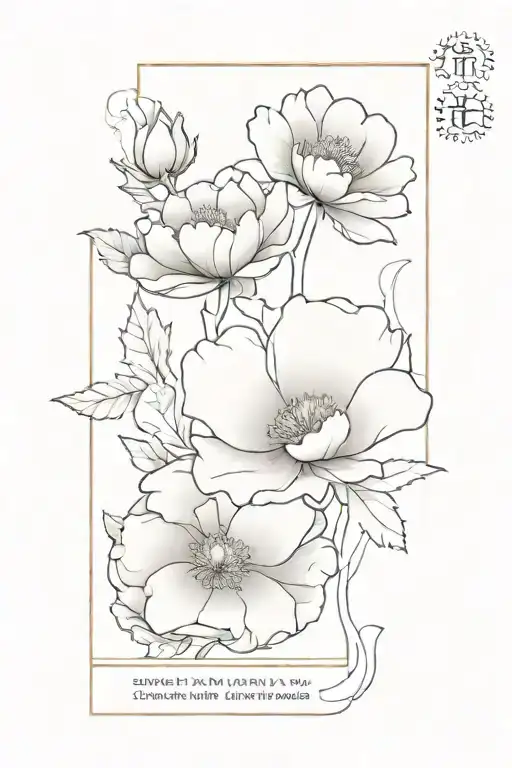 fine line floral bouquet, poppy, peony, chrysanthemum, and holly inside a postal stamp tattoo design idea