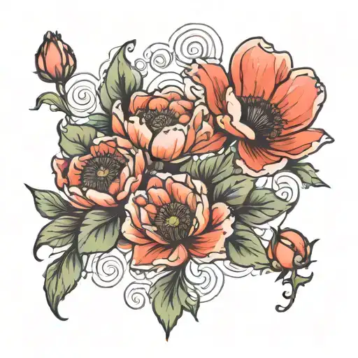 poppy, waterlilly and peony flowers tattoo design idea