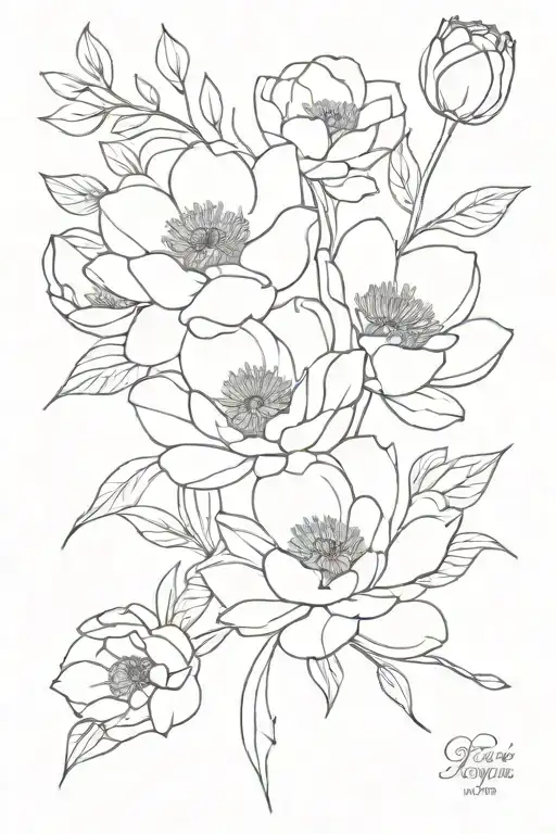 waterlilly, poppy and peony flower bouquet tattoo design idea