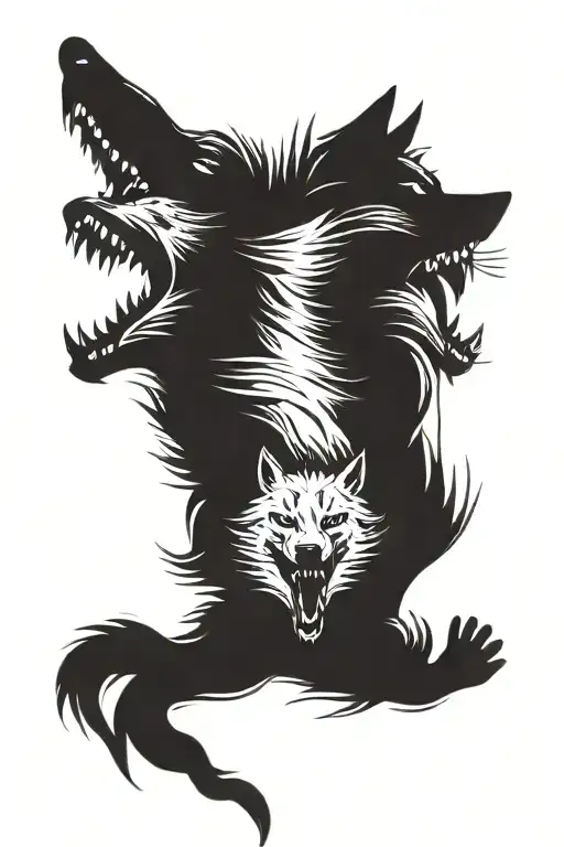 two black wolfs biting, and fighting each other tattoo design idea