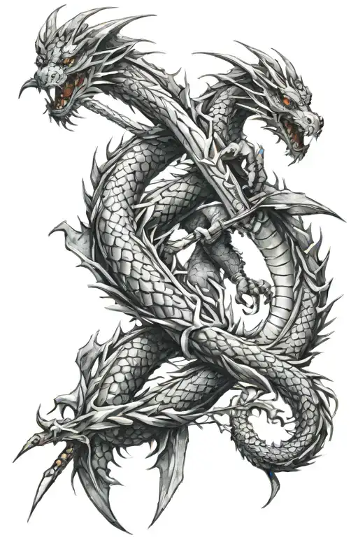 Two dragons wrapping tails with sword down the middle, spine tattoo tattoo design idea