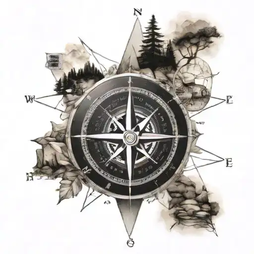 A compass rose surrounded by different hiking trail markers representing the various paths in life tattoo design idea
