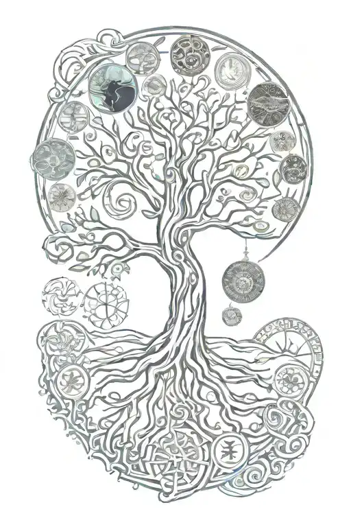 tree of life, Freya Norse runes,chakras, sun, moon tattoo design idea