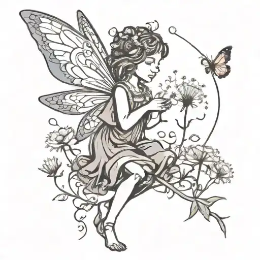 child fairy holding dandelion blowing, sun rising, water cascading, wild flowers, Celtic, butterfly, strength  tattoo design idea