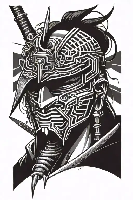 cyberpunk samurai mask surrounded by cybernetics tattoo design idea