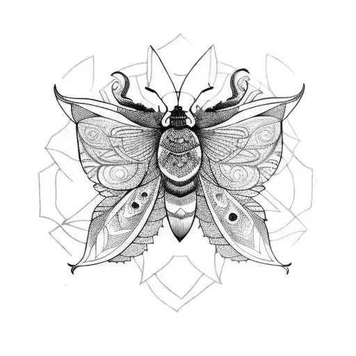 A mandala design featuring a death moth surrounded by trees and a river, symbolizing the cycle of life and death tattoo design idea