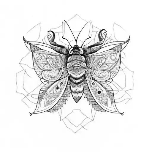 A mandala design featuring a death moth surrounded by trees and a river, symbolizing the cycle of life and death tattoo design idea