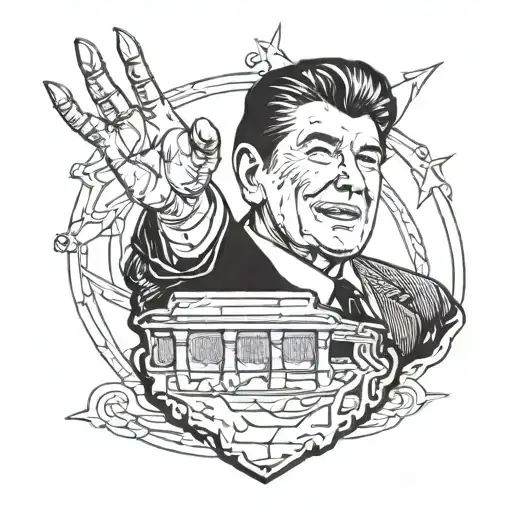 ronald reagan's severed head held up by a hand with stiletto nails tattoo design idea