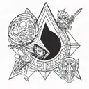 A tattoo design combining elements from Assassin's Creed, Pokemon and South park  tattoo design idea