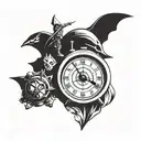 A tattoo design combining elements from Assassin's Creed, Pokemon and South park in a clock tattoo design idea