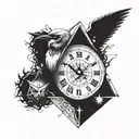 A tattoo design combining elements from Assassin's Creed, Pokemon and South park in a clock tattoo design idea