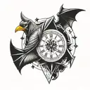 A tattoo design combining elements from Assassin's Creed, Pokemon and South park in a clock tattoo design idea