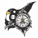 A tattoo design combining elements from Assassin's Creed, Pokemon and South park in a clock tattoo design idea