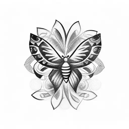 A traditional tattoo of a butterfly and a feather intertwined, surrounded by musical notes tattoo design idea