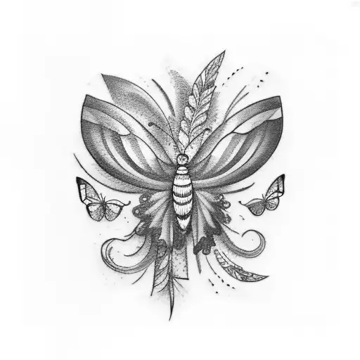 A traditional tattoo of a butterfly and a feather intertwined, surrounded by musical notes tattoo design idea
