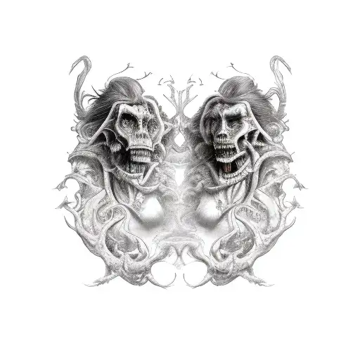 Dr Jekyll and Mr Hyde concept but with a beautiful female warrior and a dark witch on the other side  tattoo design idea