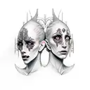 Dr Jekyll and Mr Hyde concept but with a beautiful female warrior and a dark witch on the other side  tattoo design idea