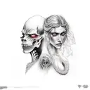 Dr Jekyll and Mr Hyde concept but with a beautiful female warrior and a dark witch on the other side  tattoo design idea