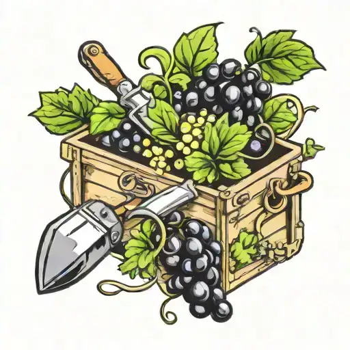 gardening tools intertwined with grapes and lettuce in box tattoo design idea